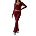 thumbnail image 2 of Women'S Workout 2 Piece Lounge Sets Long Sleeve Tops Foldover Flare Pants Casual Outfits Tracksuit Wine Red XS, 2 of 8