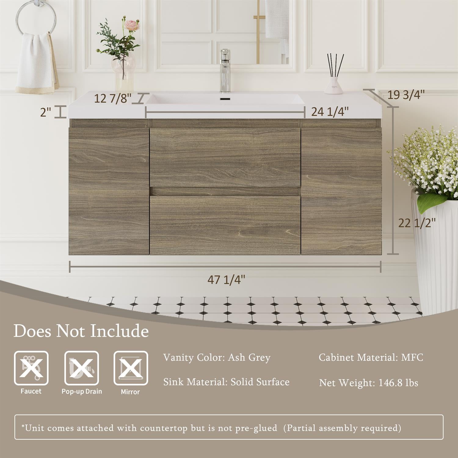 Demi Bonn 48" Floating Bathroom Vanity with Sink, Resin Top Basin and 2 Soft Close Drawers, 2 Storage Cabinet, Faucets and Drains Not Included, Gray