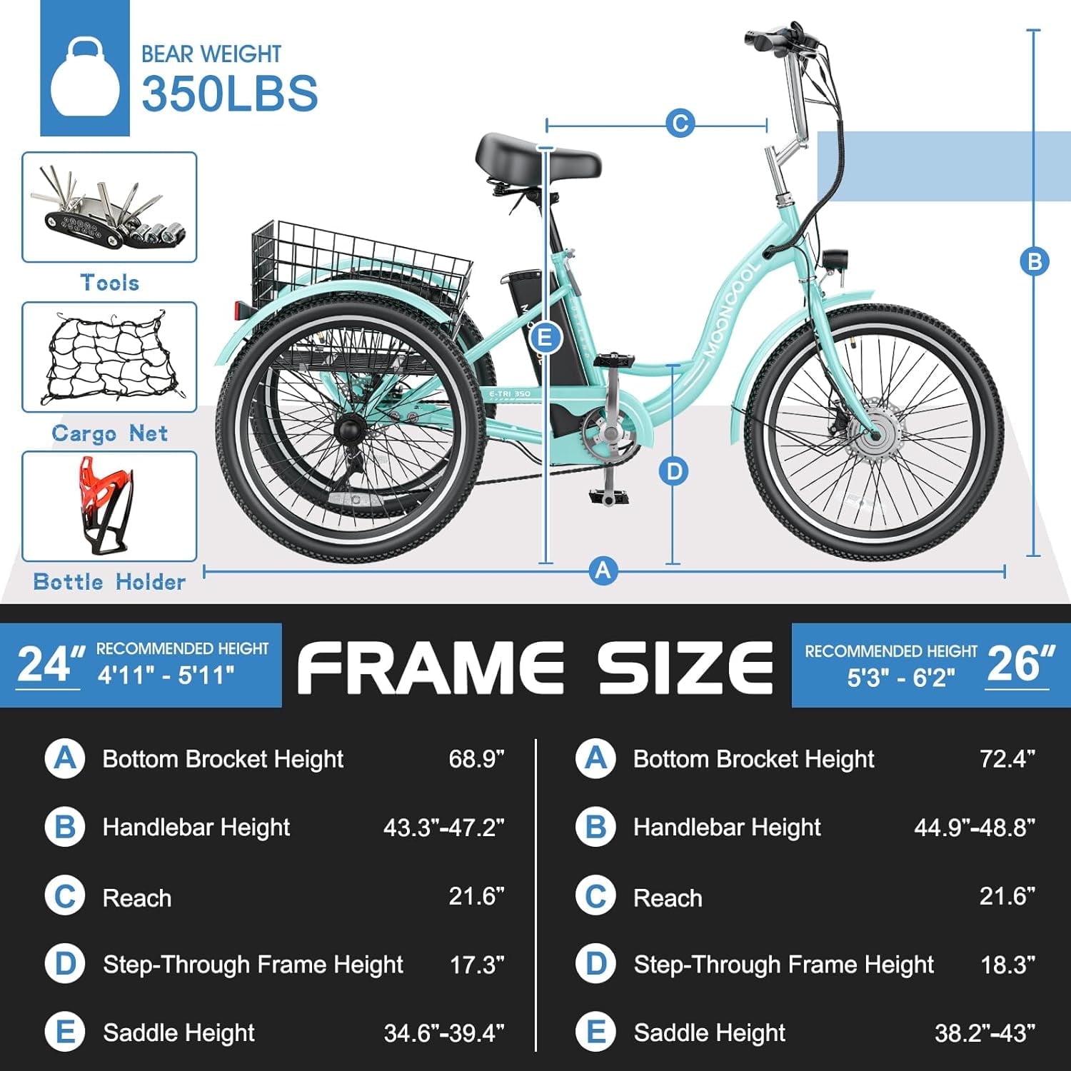 Lilypelle Electric Tricycle for Adults, 350W 36V Electric Trike Motorized Three Wheel Electric Bicycle, 7 Speeds 3 Wheels Adult Electric Tricycle with Large Basket,Cyan