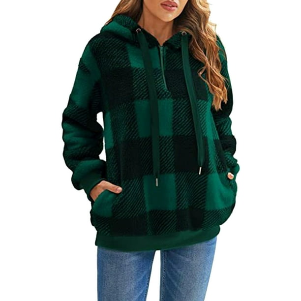 Sudadera de terciopelo con cremallera Gibobby informal holgada con capucha de felpa a cuadros verde L
