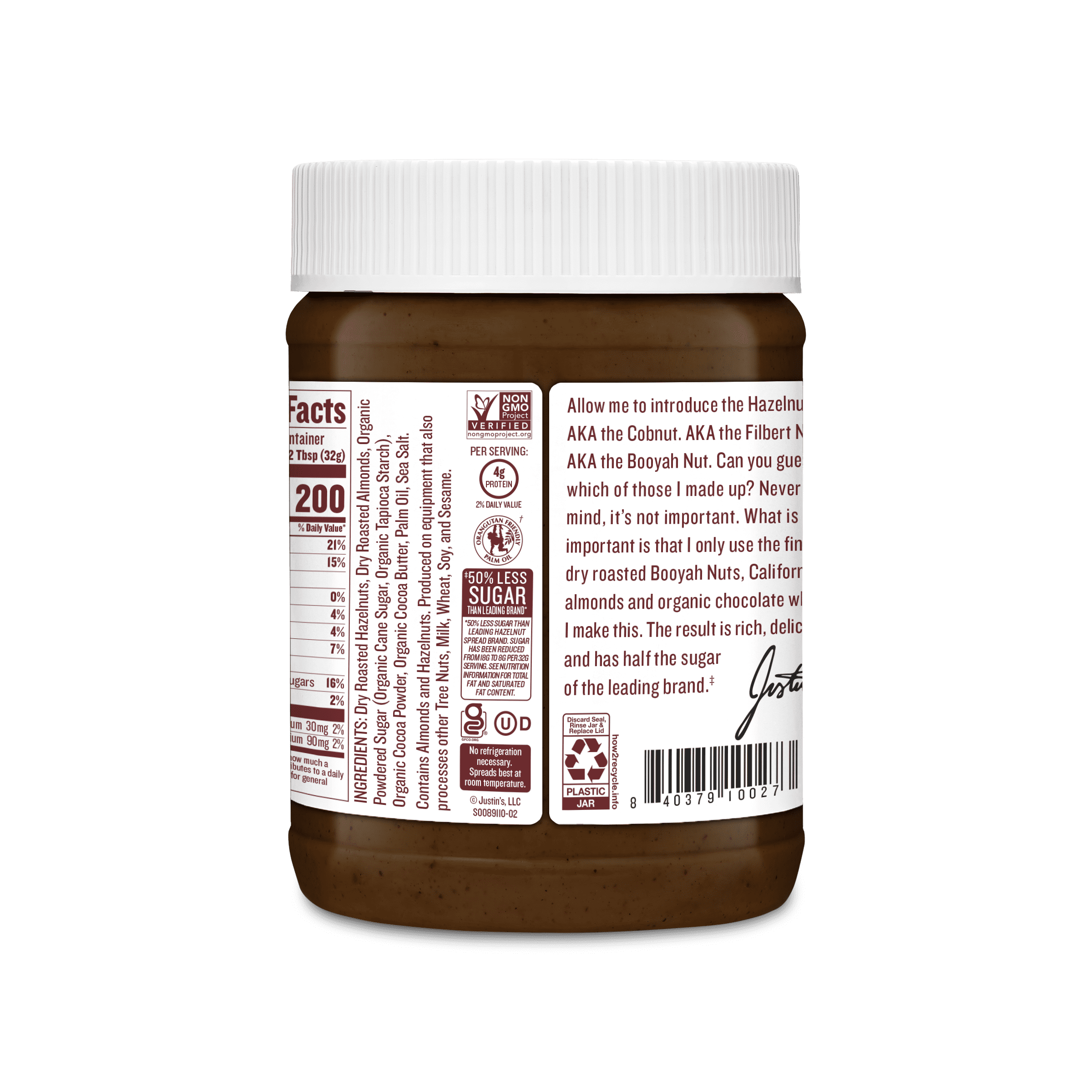 (2 pack) JUSTIN'S No Stir, Gluten-Free Chocolate Hazelnut Almond Butter, 12 oz Plastic Jar