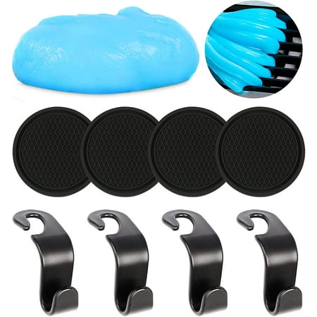 3 in 1 [Car Cleaning Gel for Car Detailing] with [4 Pack of 2.8 Inch Wide Car Coasters for Cup Holders] & [4 Pack of Car Seat Headrest Hook] Compatible with Most Car Models