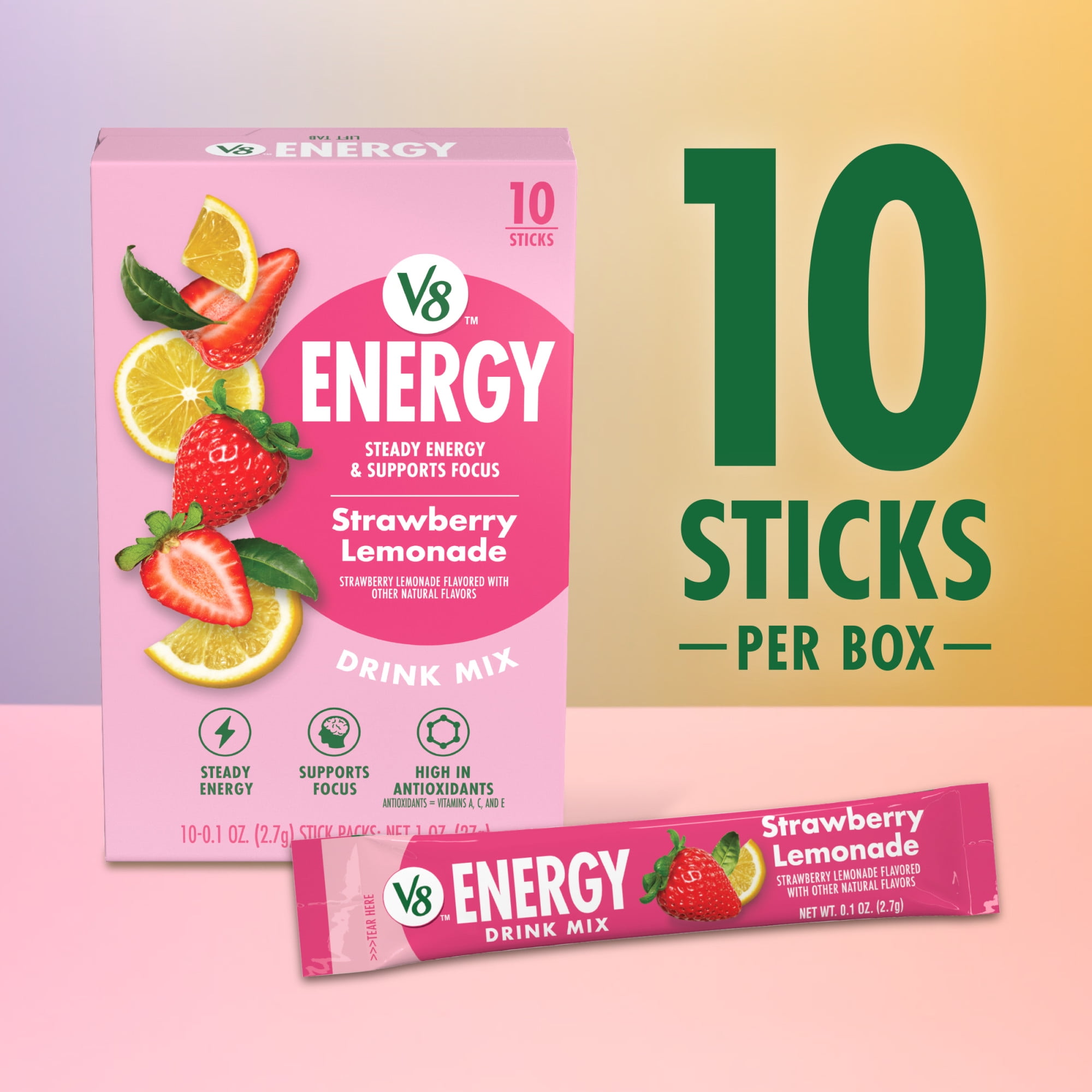 (12 pack) V8 Energy Strawberry Lemonade Energy Drink Powder, .10 oz Packet (120 Count)
