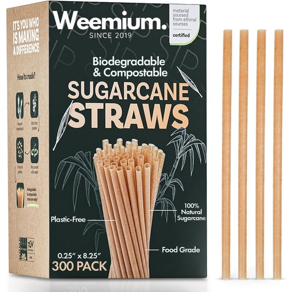 Sugarcane Straws [300 Pack] 8.25" | FSC Certified 100% Compostable Straws Disposable for Warm and Cold Drinks | Plastic-free & Biodegradable Packaging | Eco friendly made with Sugarcane Fiber