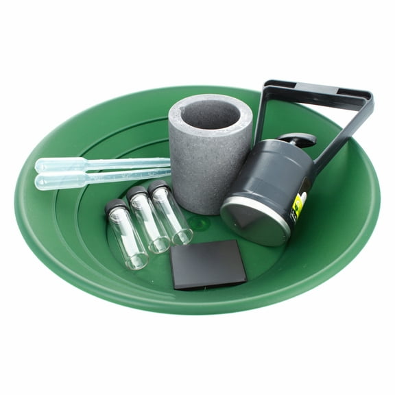 10pc ASR Outdoor Gold Rush Gold Prospecting Pan Kit Glass Vials Testing Stone