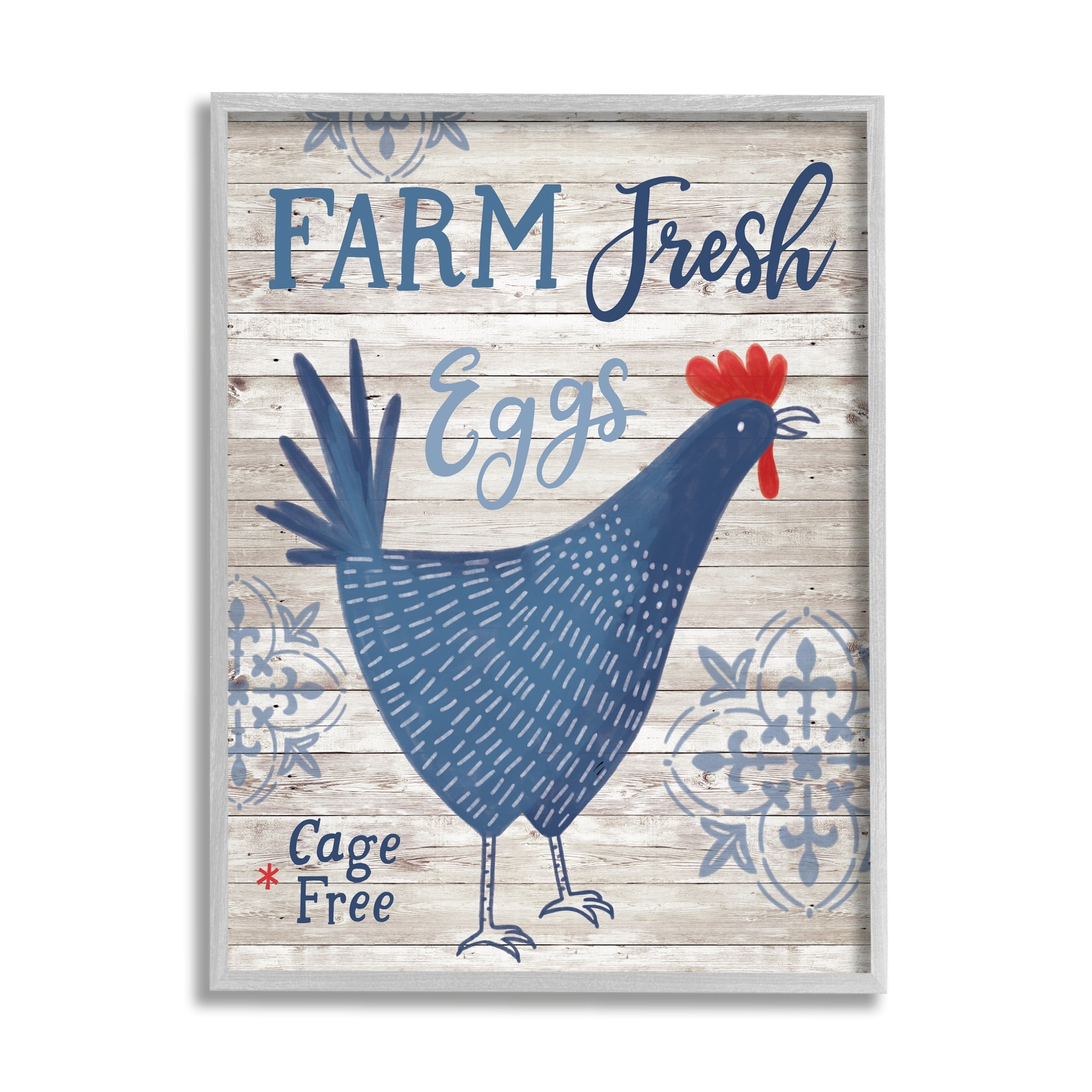 Stupell Industries Farm Fresh Eggs Blue Rustic Chicken Planked Pattern Graphic Art Gray Framed Art Print Wall Art, Design by Nina Seven