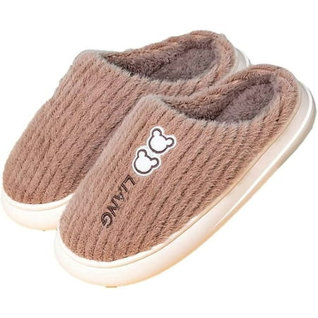 

PIKADINGNIS Fluffy Fur Bear Printed Slippers for Women Men Warm Soft Cute Casual House Shoes Indoor