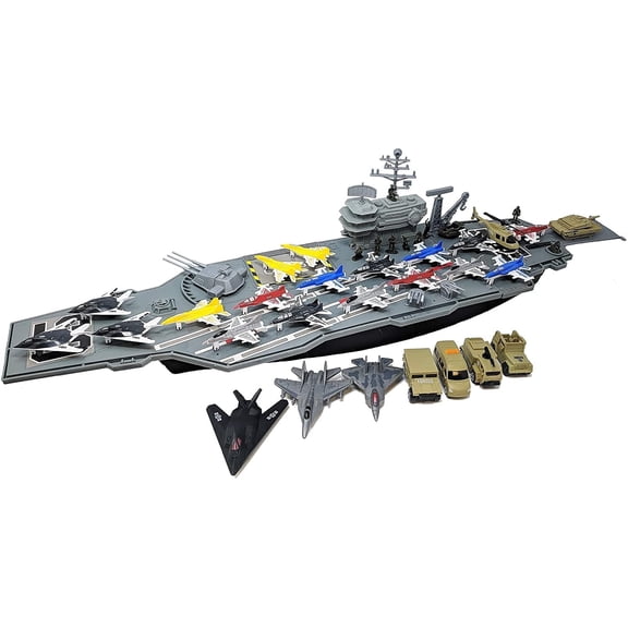 Toy Essentials 33" Aircraft Carrier Playset, 18 Fighter Jets, Military Vehicles, Plastic