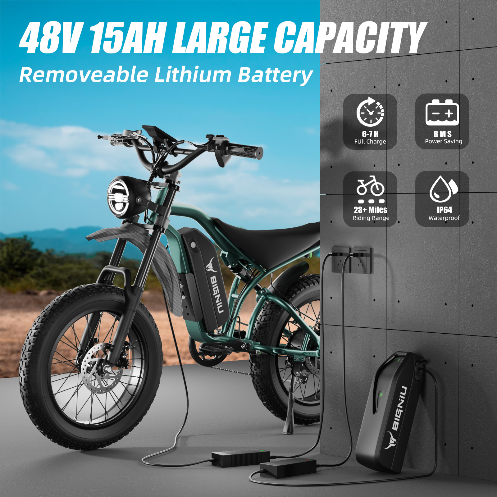 BIGNIU BG-S Electric Bike for Adults – 20" Fat Tire, 740W Motor, 48V 15A Battery, 7-Speed, Dual Disc Brakes for Off-Road and City Riding UL2849