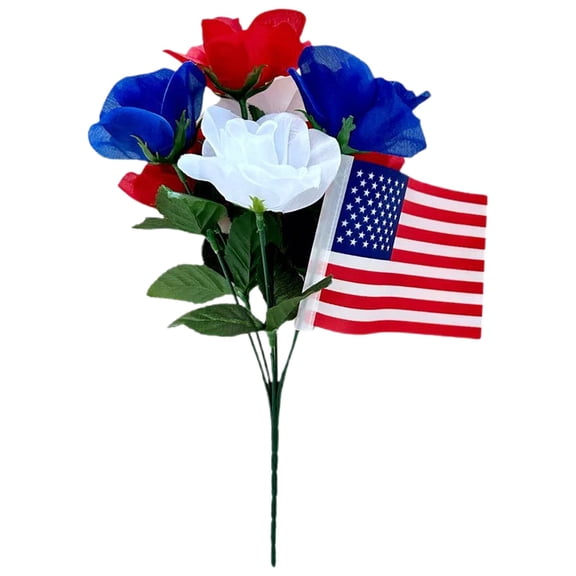 1Pcs Patriotic Artificial Flowers Memorial Bouquet Fake Red White and Blue Cemetery Flowers with Flags for Grave 4th of July Memorial Day Independence Day Veterans Home Decoration
