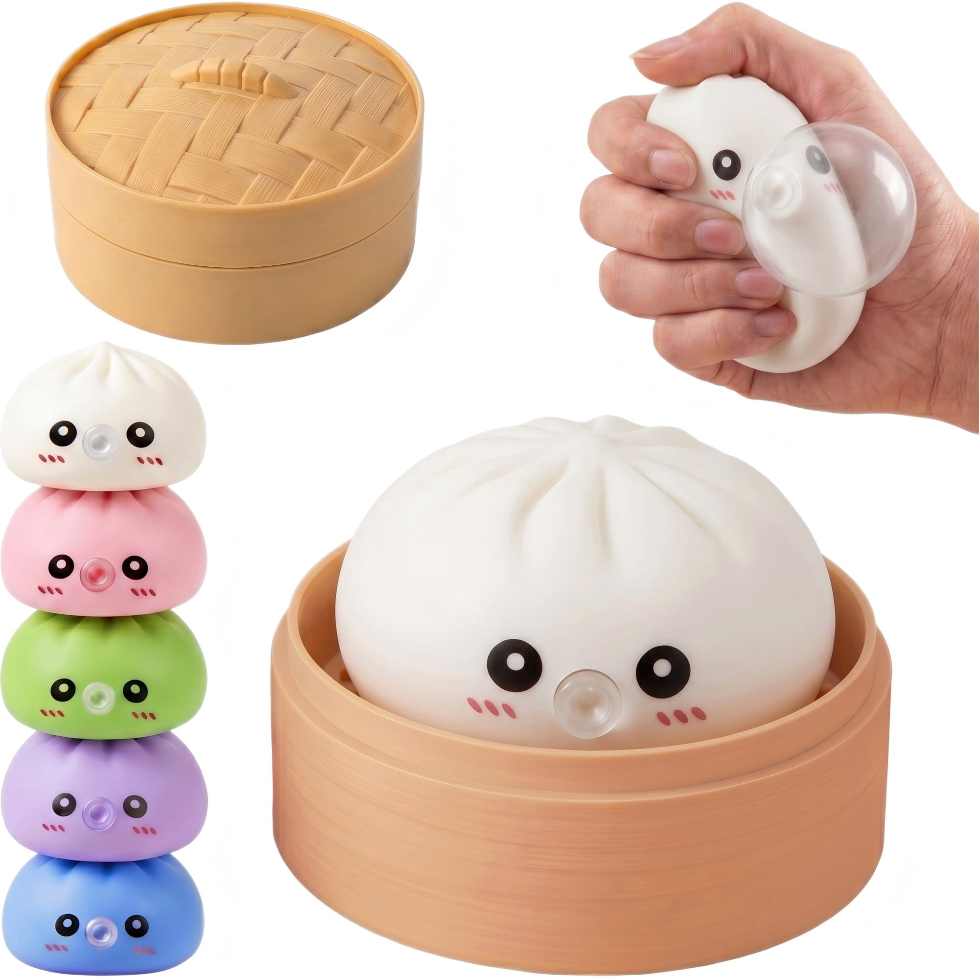 HZYZ 4 Squishy Dumpling Toys Giant Rainbow Mystery Squishy Dumpling with Blowing Bubbles Dumpling Stress Balls with Steamer Box Stress Relief Sensory Dumpling Squishy Toys for Kids White