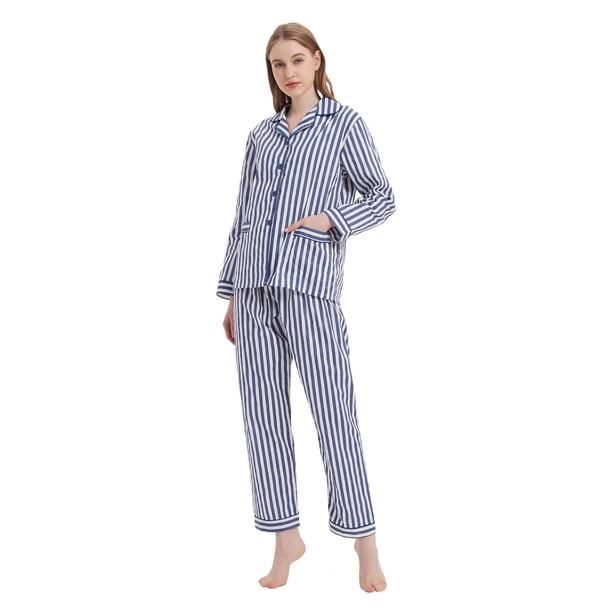 Apparonia S S Conjuntos de Pijama para Mujer Ropa de Dormir de Algodón Camisa de Manga Larga con Botones Al Frente y Pantalón Ropa de Dormir Cuello con Solapa Pjs Conjuntos de Descanso Rayas Azule