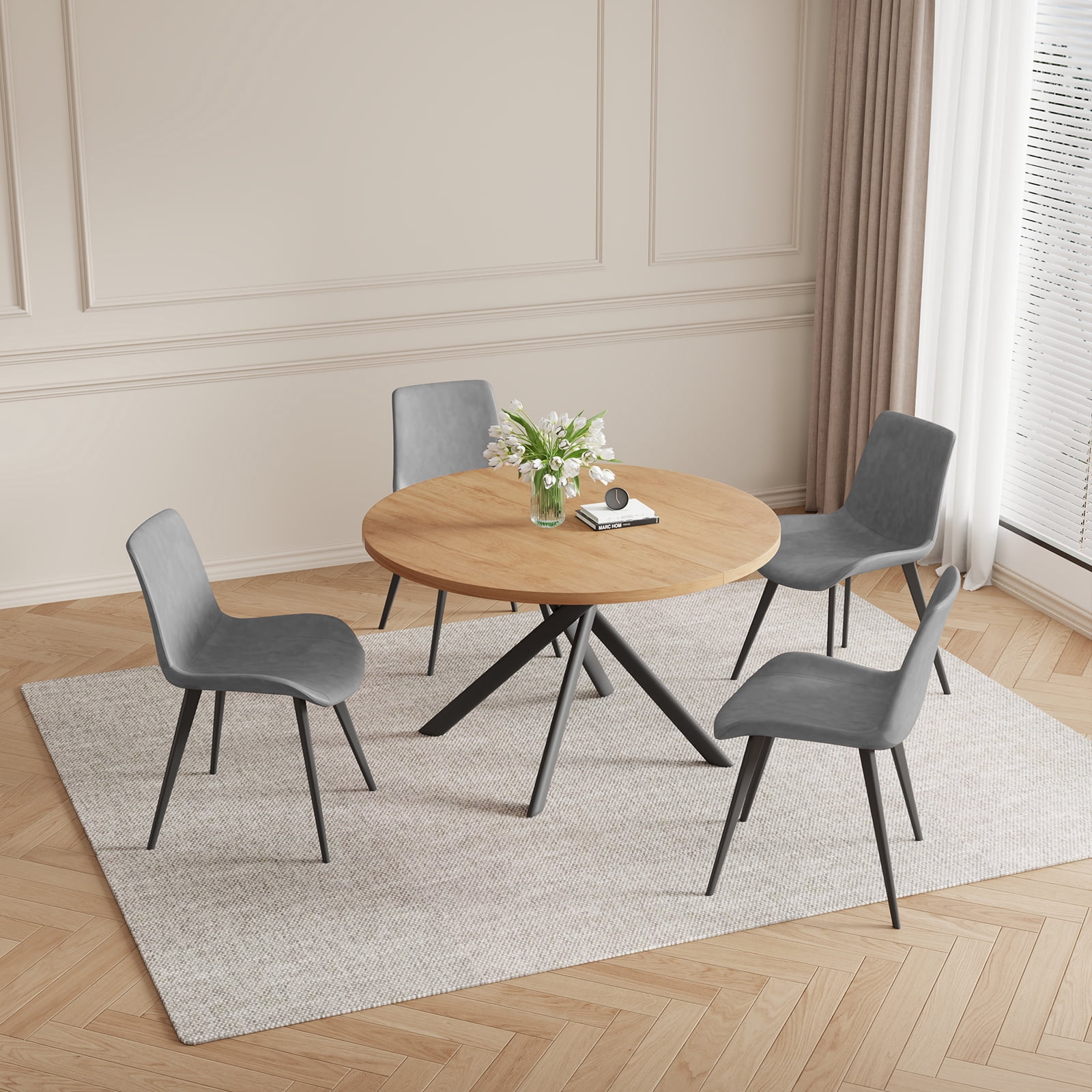 jiexi 45.3" Round Dining Table Set, Mid Century Modern Round Dining Table for 4 Person, with Steel Legs, Coffee Table for Kitchen Dining Room, Office, Save Space