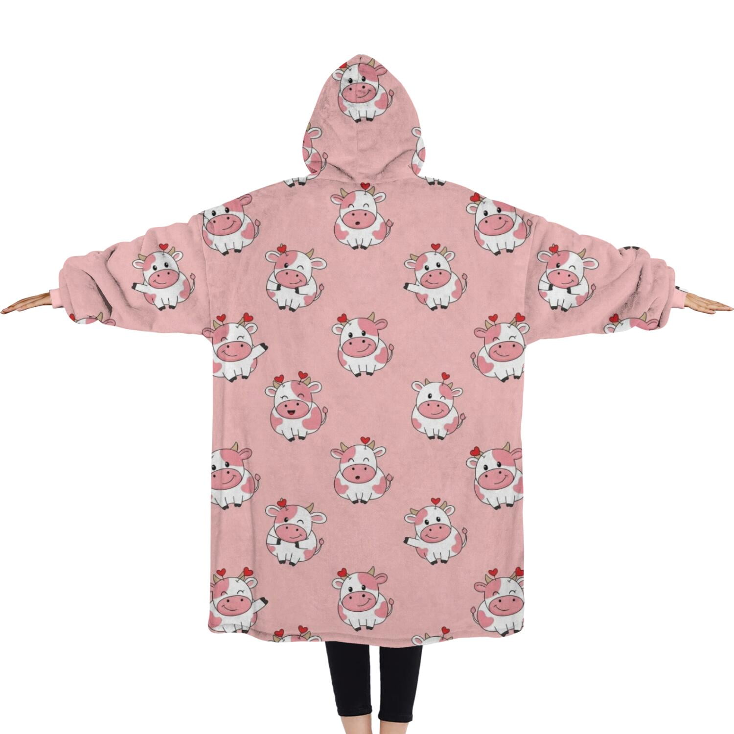 Oversized Wearable Blanket Hoodie,Pink Cow Heart Pattern Sherpa Blanket Hoodie with Super Pockets,Super Warm Fuzzy Pullover for Women & Men