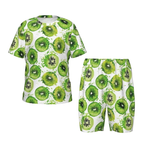 Fotbe Green Kiwi Pijama Estampada de 2 Piezas para Niños – Ropa de Dormir de Manga Corta Cómoda para Niños y Niñas, Camiseta y Shorts de Algodón-X-Large
