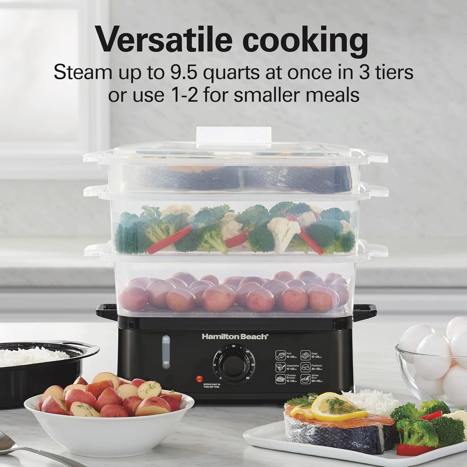 Electric Food Steamer with 3 Stackable Tiers for Eggs, Rice & Vegetables - 9.5 Quart Capacity, Auto Shutoff, Black