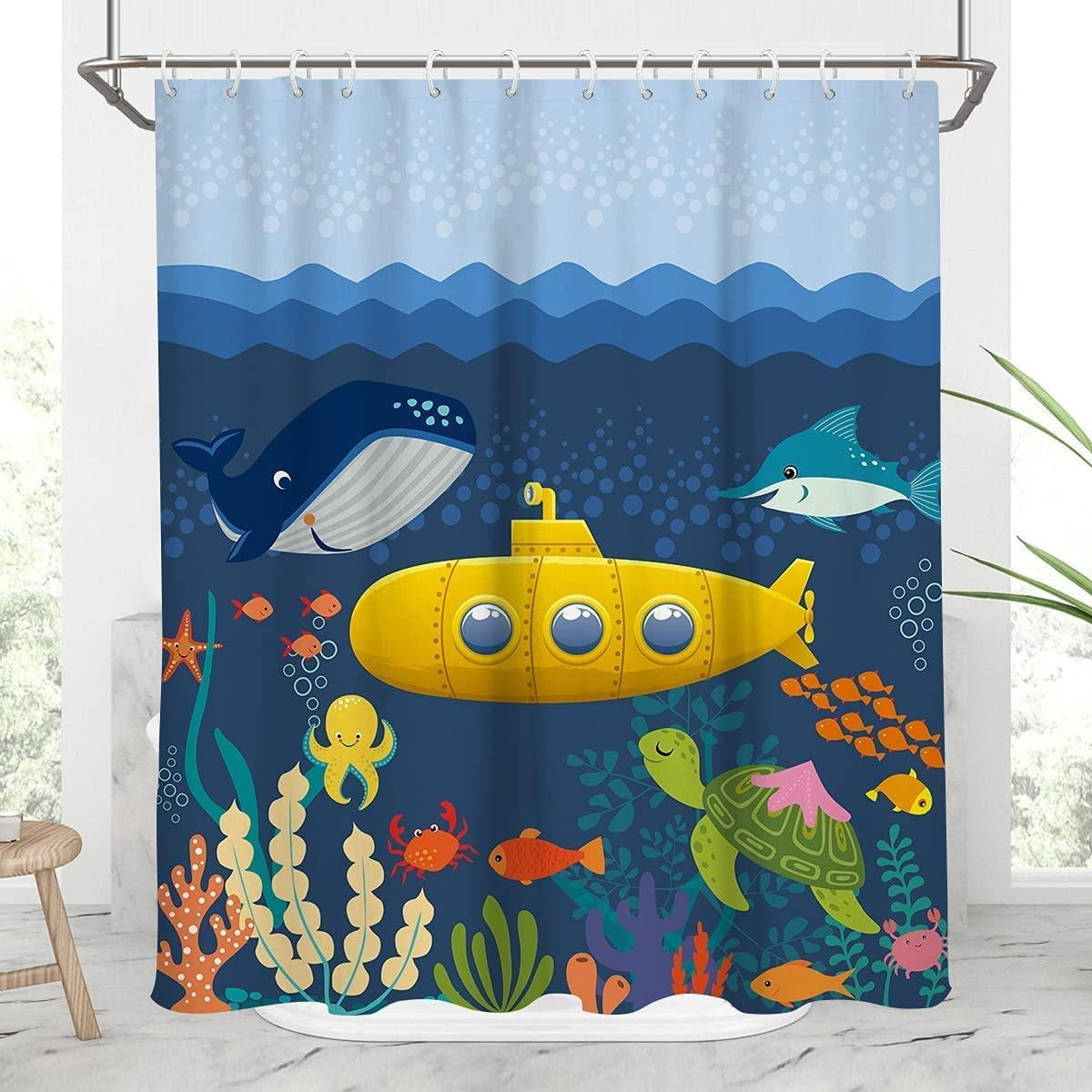 Cartoon Submarine Shower Curtain Kids Funny Ocean Creature Shark