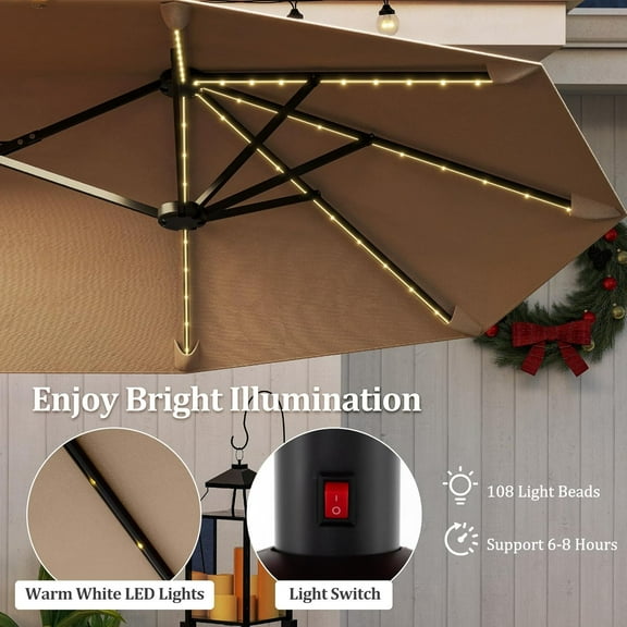 BNDFTF 13 FT Double-sided Patio Umbrella with Solar Lights, Crank Handle & 12 Heavy-Duty Ribs, Outdoor Twin Size Oversized Rectangle Market Umbrella for Garden Deck Poolside