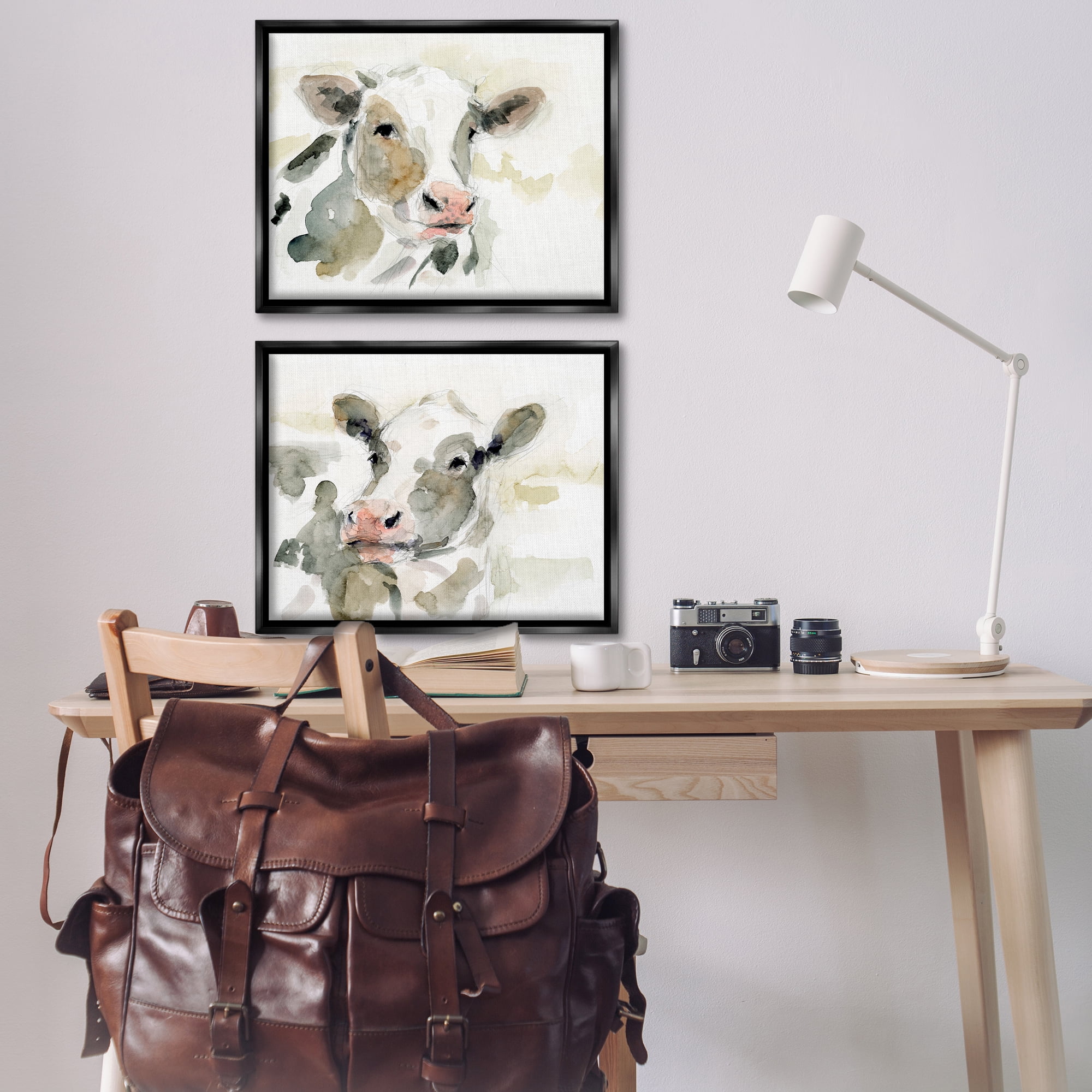 Stupell Industries Watercolor Holstein Farm Cows Animals Painting Black Floater Framed Canvas Art Print Wall Art, 31 x 25, Set of 2