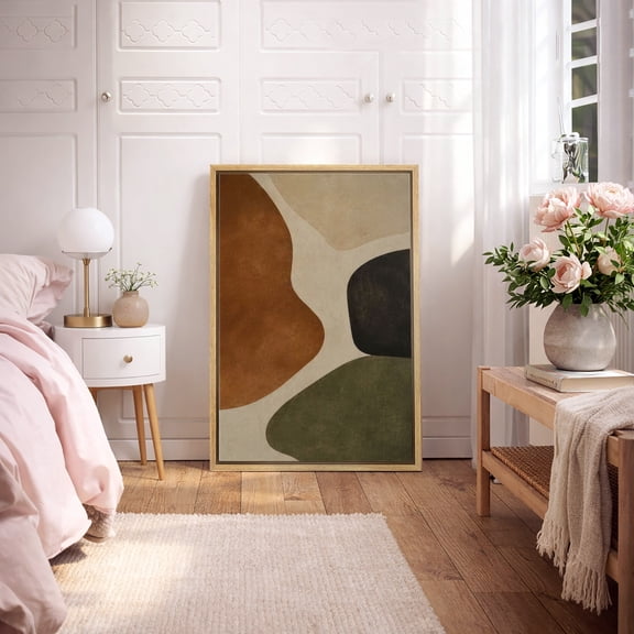 Framed Canvas Print Wall Art Organic Neutral Abstract Print Earth Toned Shapes Artwork For Living Room Decor - 16"x24" NATURAL
