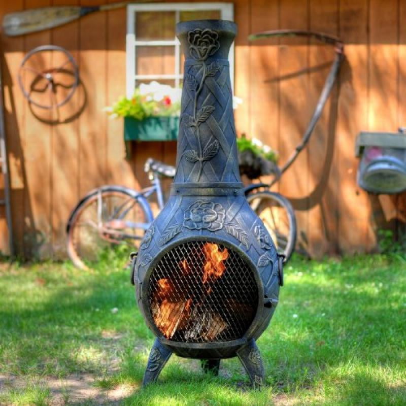 The Blue Rooster Co. Cast Aluminum Rose Chiminea with Gas and a 10' hose in Gold Accent.... by