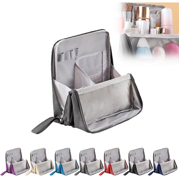 Standing Cosmetic Bag Organizer, Large Travel Makeup Bag with Multiple Compartments for Beauty Supplies, Portable Functional Makeup Case for Home, Vacation and Business Trips (Grey)