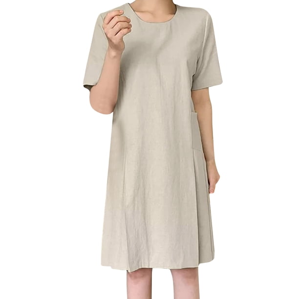 Vestidos casuales de mujer Vestido suelto sólido de lino de algodón de moda (Champagne M) Tmvgtek Para estrenar