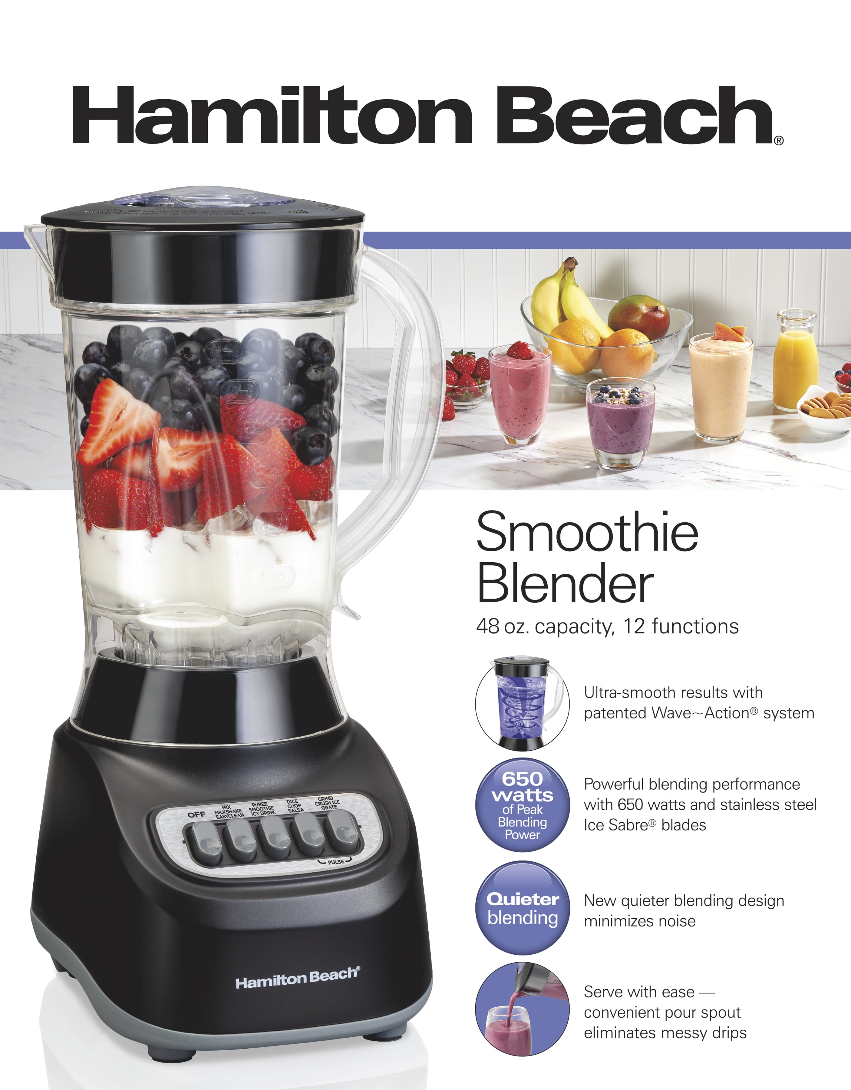 Hamilton Beach Smoothie Blender, 48 oz. Jar, 12 Blending Functions