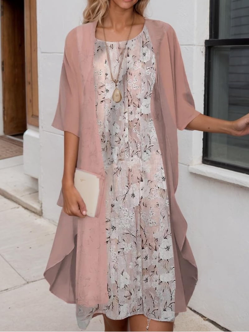 Zankley Womens Two Piece Floral Midi Dress Set Elegant Wedding Guest Outfit with Jacket Casual Boho Flowy Formal Cocktail Dress, Women's, Size: 2XL