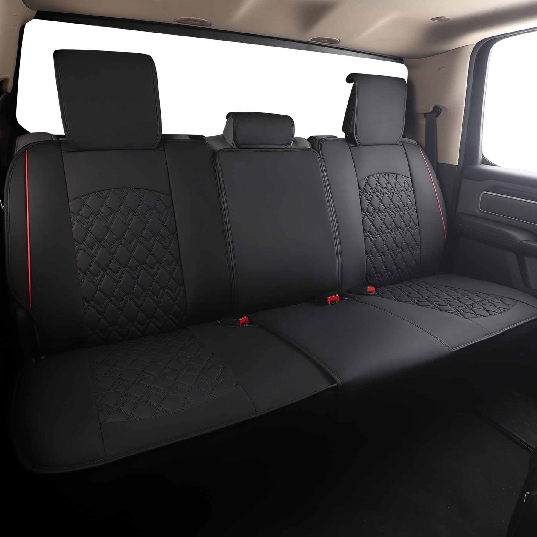 JOJOBAY Car Seat Covers for Dodge Ram,Fit 2009-2025 1500/2500/3500 HD Pick-up Truck,Crew,Regular,Quad,Mega Cab,Waterproof Synthetic Leather Seat Covers (Rear Seat Cover,BlackRed)