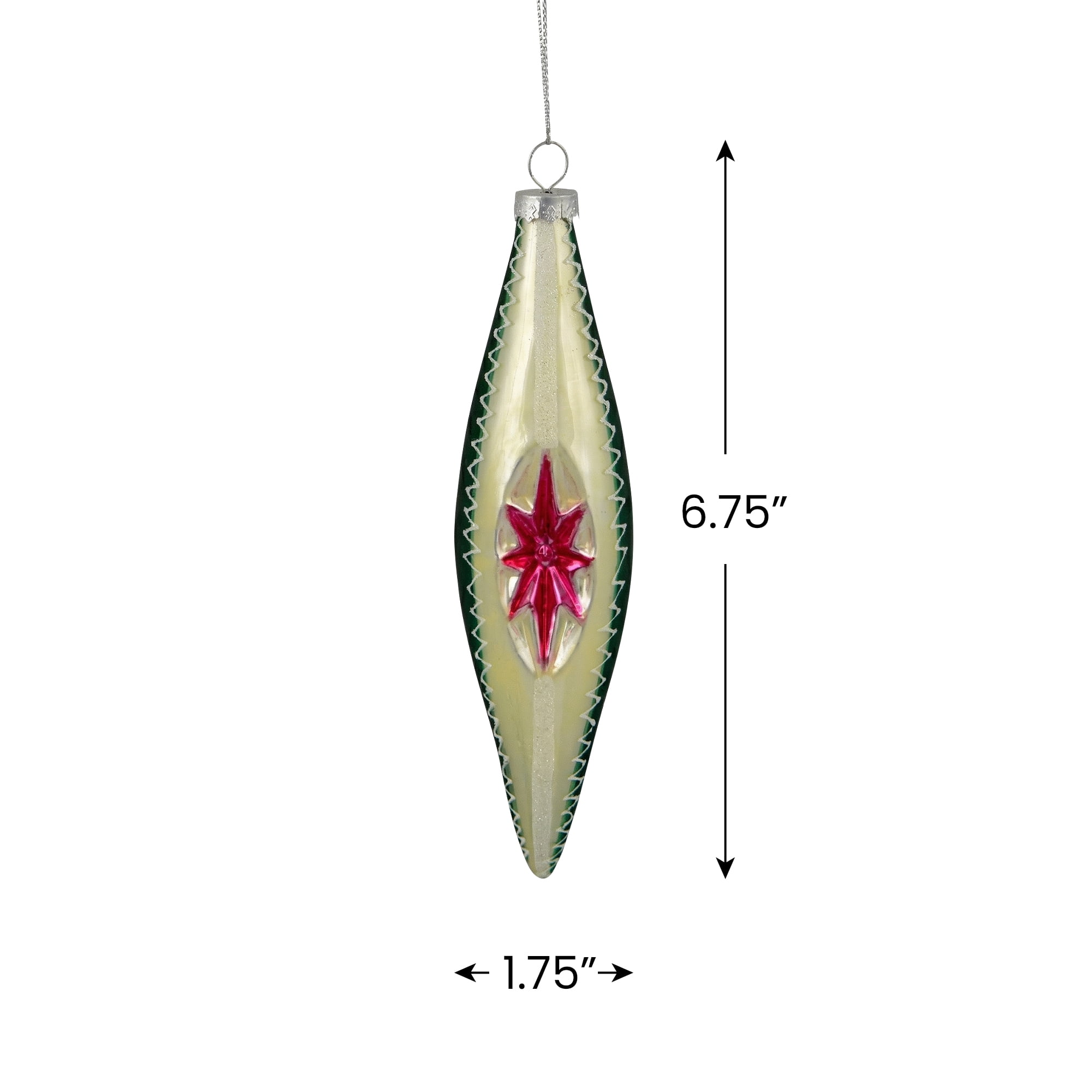 6.75" Green and White Retro Reflector Finial Glass Christmas Ornament
