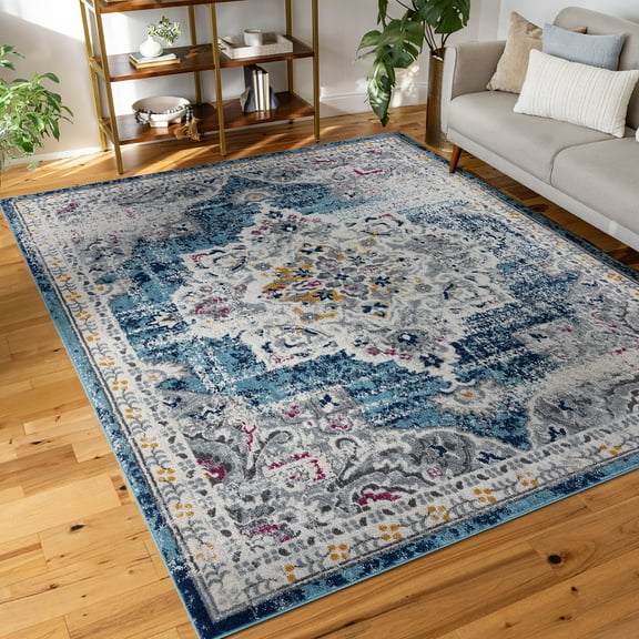 Diamond Traditional 5' x 7' Blue and Cream Polypropylene Indoor Area Rug