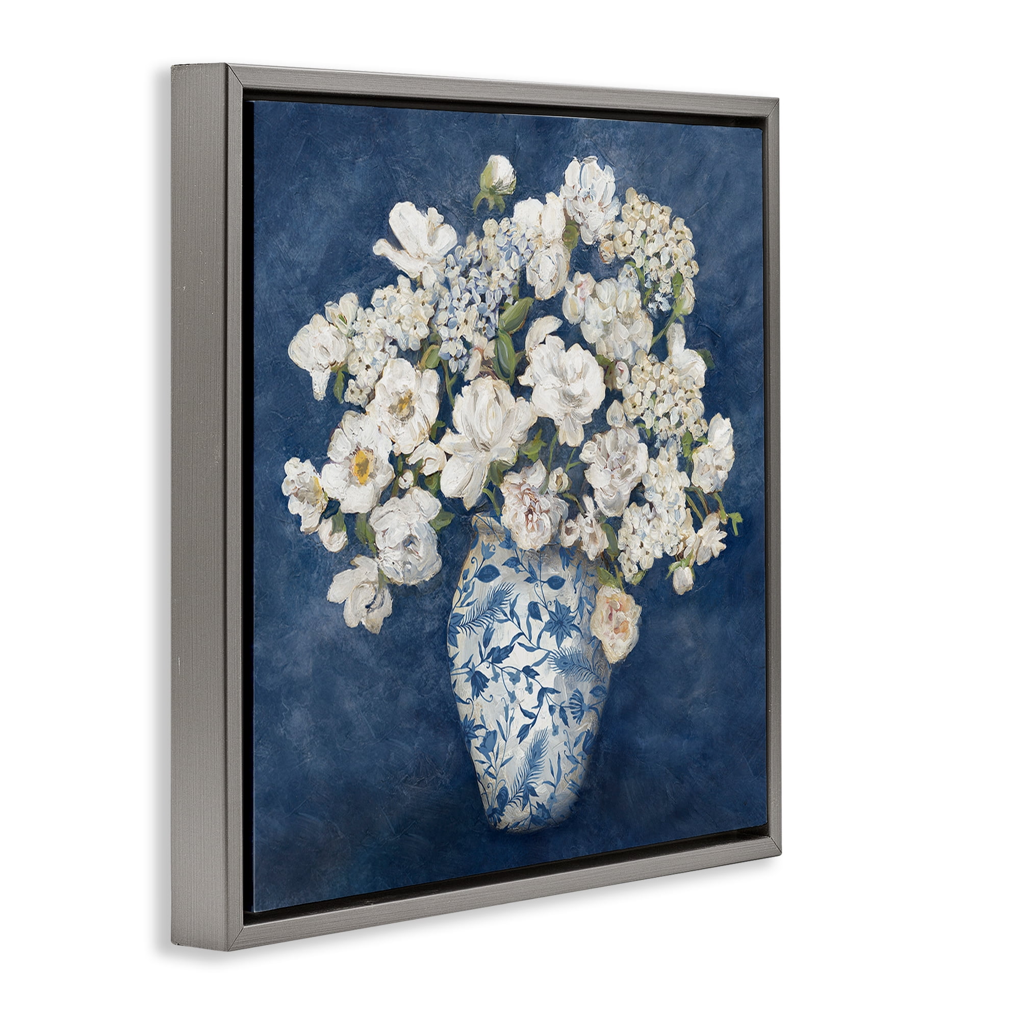 Stupell Industries Classic Blue Chinoiserie Vase Gray Framed Floater Canvas Wall Art, design by Charlene Olson