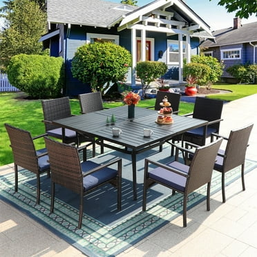 9 Pieces Outdoor Patio Dining Set with Large Square Metal Table & Wicker Chairs Furniture Set- Navy Blue