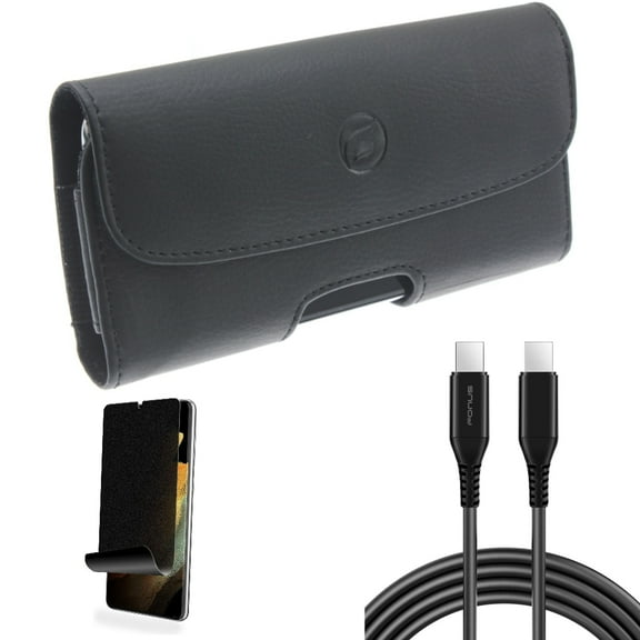 Case Belt Clip & Privacy Screen Protector & 10ft Long USB-C Cable for Samsung Galaxy S22 Plus (S22 ) - Combo Leather Holster Cover & TPU Film (Fingerprint) Anti-Peep & PD Fast Charger Cord Power Wire