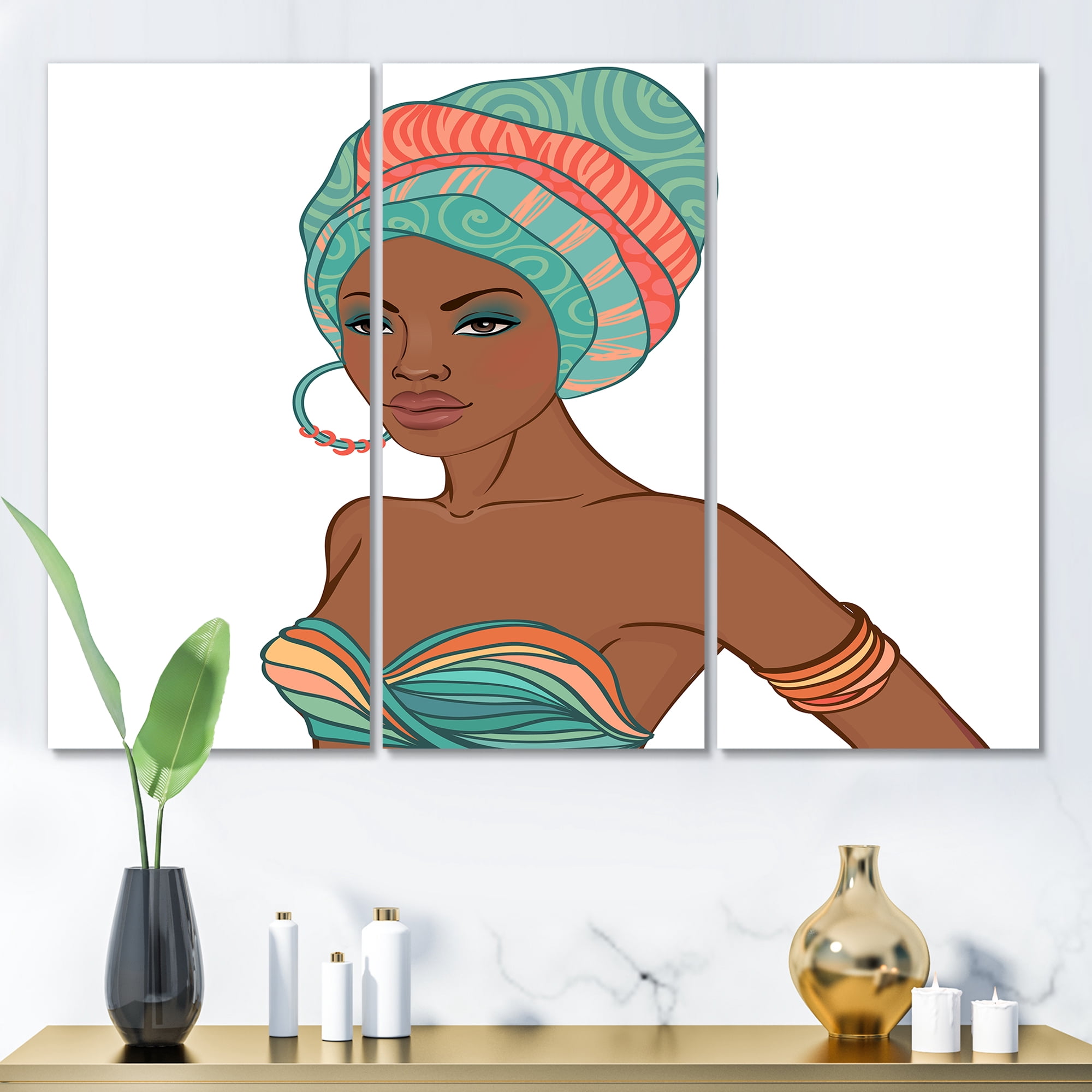 Designart ' African American Woman With Turban and Earring ' Modern Canvas Wall Art Print