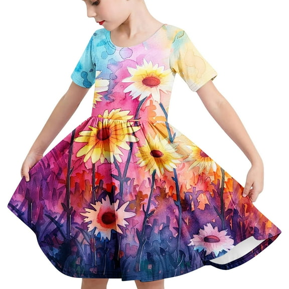 Xdegoge Ofertas Del Dia De Hoy Relampago Girl Dresses Trendy Tie-Dye Short Sleeve Crewneck A Line Summer Dress Pleated Flowy Casual Boho Dress Party Dress Homecoming Dresses for Teens, Size 4-14