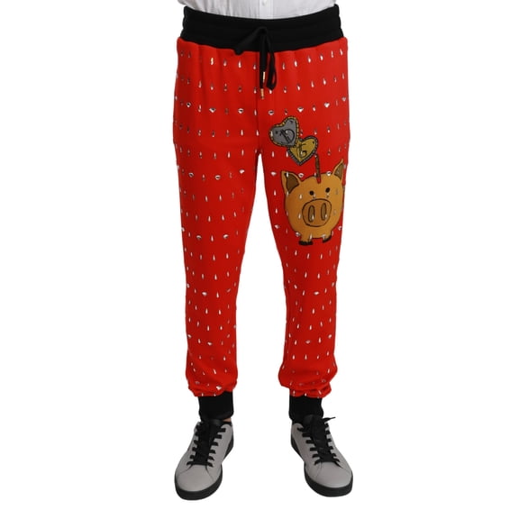 Dolce & Gabbana Red Piggy Bank Cotton Crystal Trousers Pants