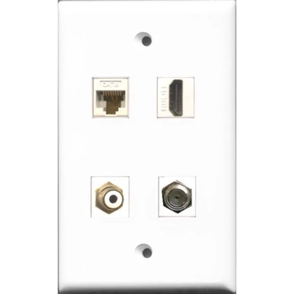 RiteAV 1 Port HDMI and 1 Port RCA White and 1 Port Coax Cable TV- F-Type and 1 Port Cat6 Ethernet White Wall Plate
