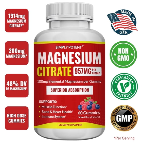 Simply Potent Magnesium Citrate Gummies for Relaxation, Heart Bone & Immune System Health 60 Count