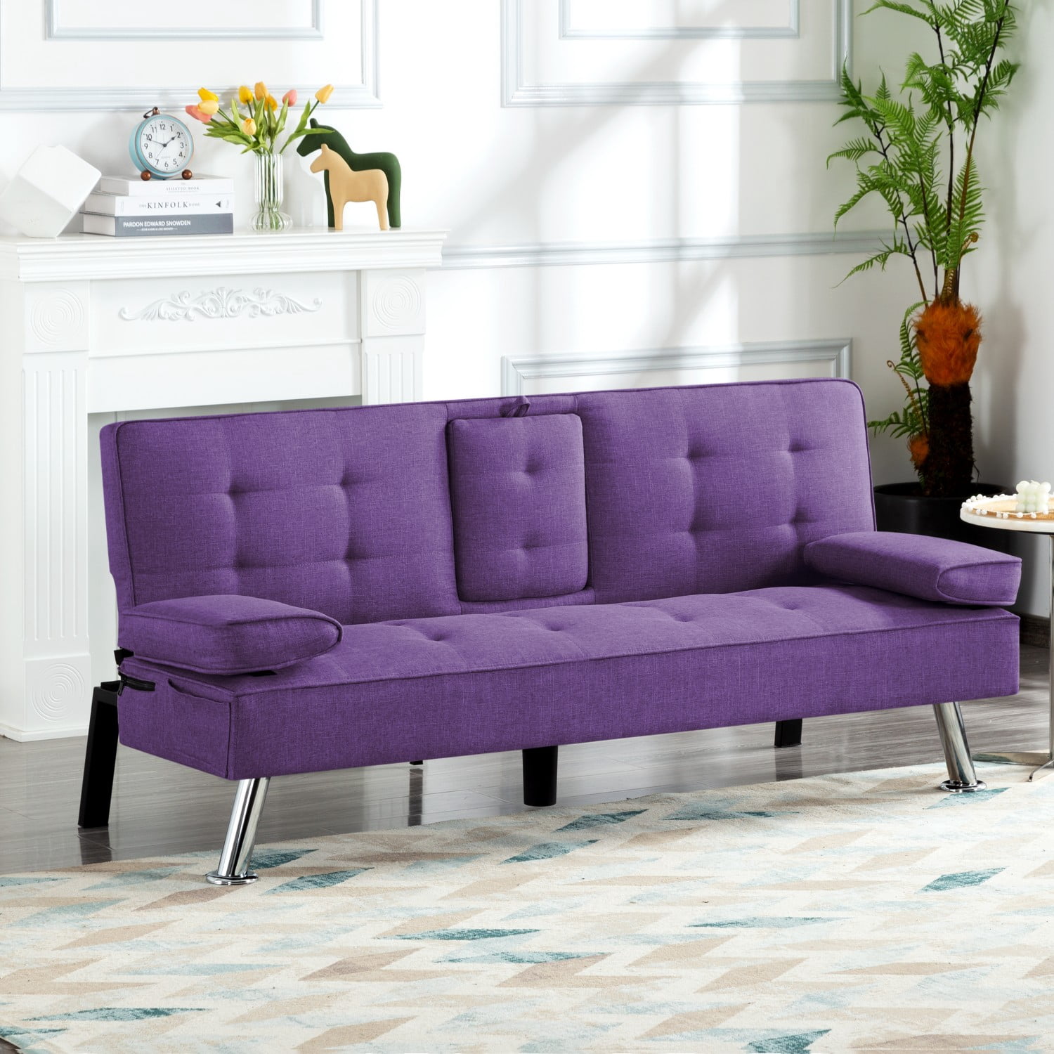 Gewnee Modern Futon Sleeper Sofa Bed Convertible Folding Recliner Couch Furniture with 2 Cup Holders for Livin g Room