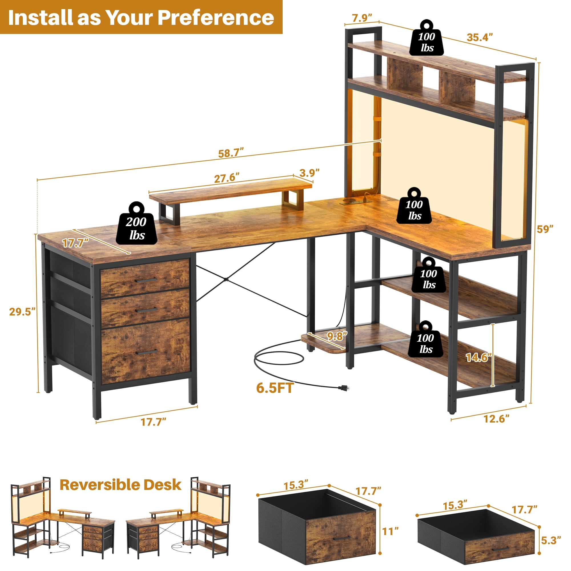 iSunirm L Shaped Gaming Desk with Storage, Computer Gaming Desk with LED Lights & Hutch, Reversible Computer Desk with Power Outlet, Corner Desk with Drawers, Shelves for Home, Rustic Brown