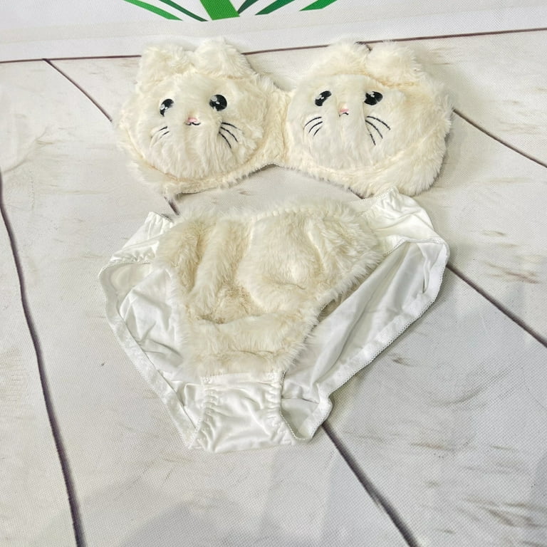 Luxurious White Cat Plush Bra Set, Soft Fur Bra and Panties