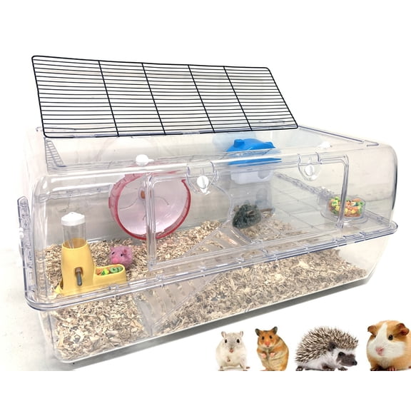 28” X-LARGE 2-Tiers Acrylic Clear Hamster Mouse Deluxe Palace House Hedgehog Guinea Pig Habitat with Large Running Wheel Water Bottle Tower Food Bowl Hide House Deep Base Ground Expandable Outlet