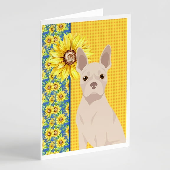 Summer Sunflowers White Boston Terrier Greeting Cards and Envelopes Pack of 8 7 in x 5 in