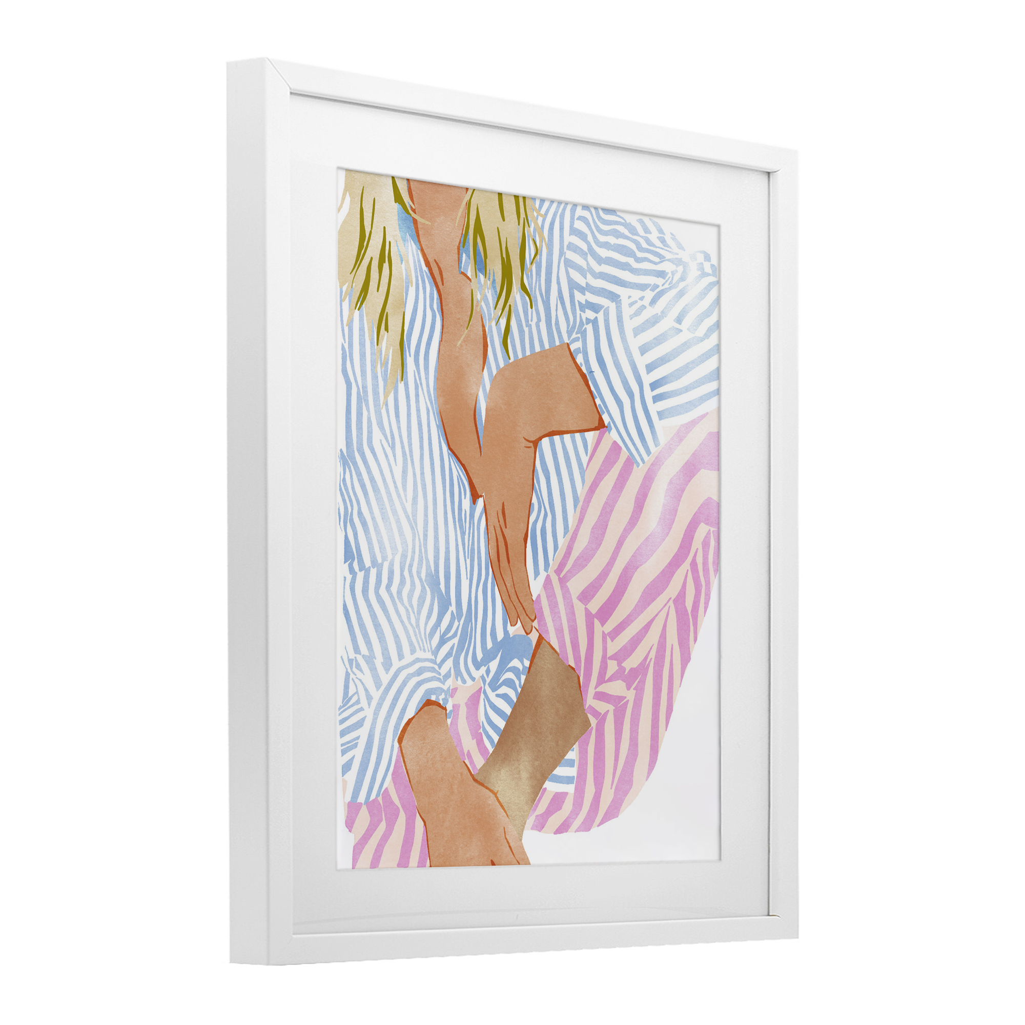 Woman in Pastel Stripes White Framed Print Under Glass, design by Ziwei Li