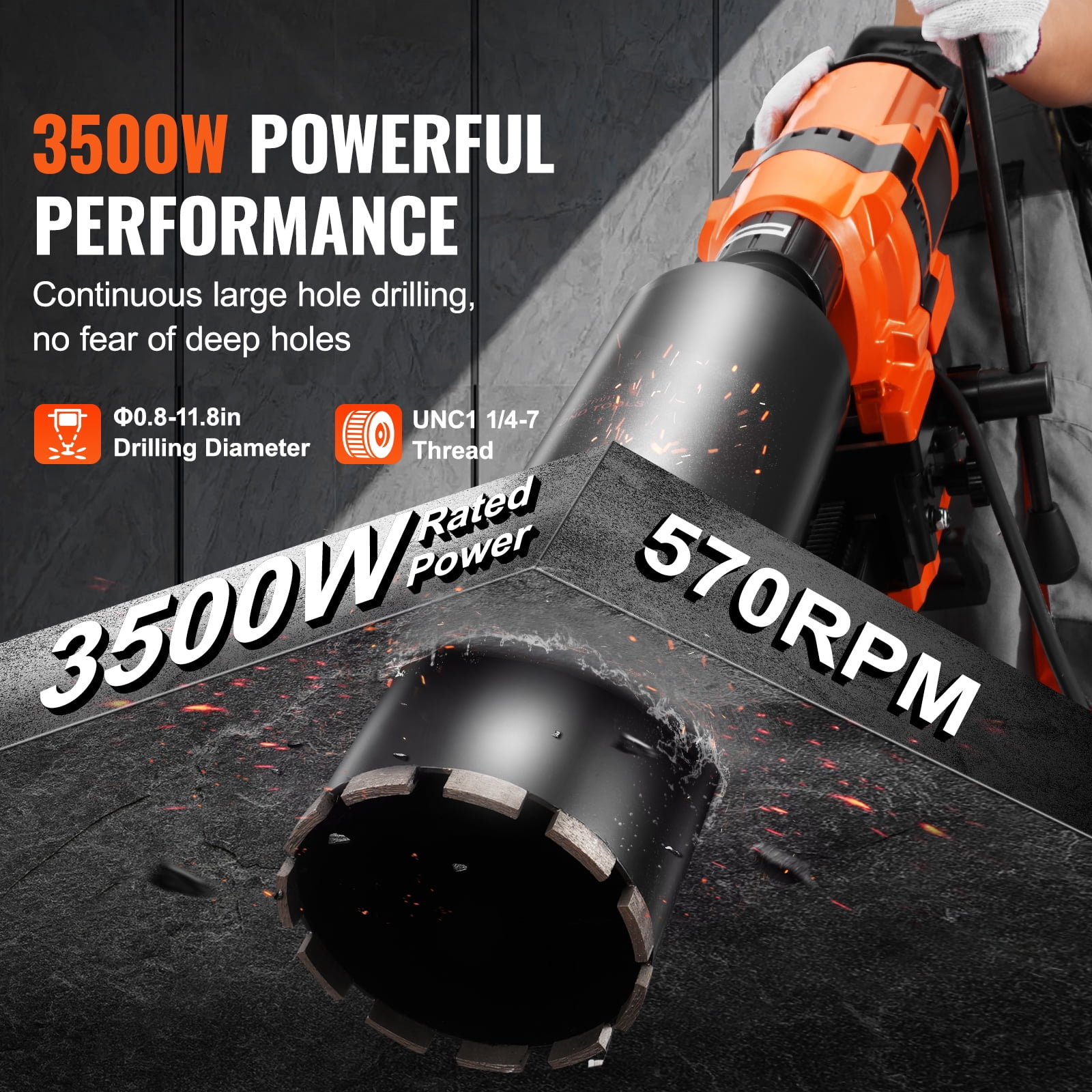 KFFKFF Diamond Core Drill Bit Set, 0.8-11.8in Range, Diamond Rig with Support & Drill Bit, 3500W Durable for Concrete, Wet/Dry, Suitable for Brick, Marble