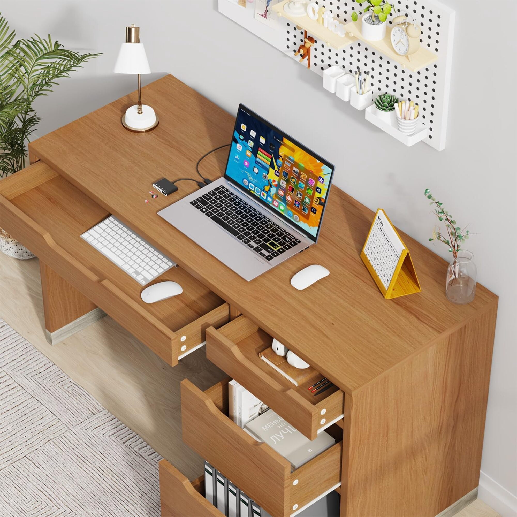 52 Inch 4-Drawer Computer Desk (Brown Finish), Home Office Desk with Multi-Size Drawers & Spacious Tabletop, Small Space-Friendly Solid Wood Desk for Bedroom/Study