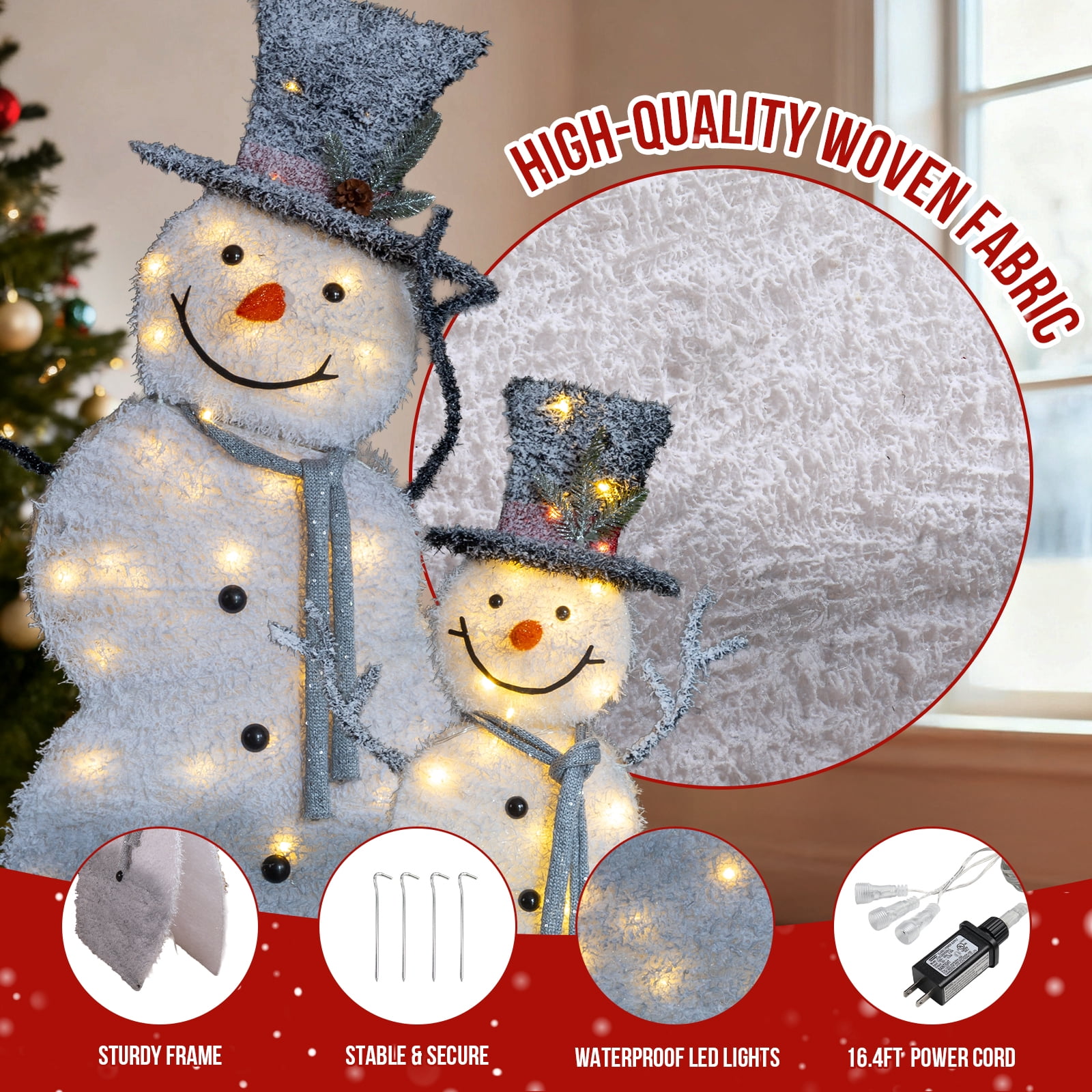Set of 2 Lighted Snowman with Top Hat Christmas Decorations, Pre-lit 2D Holiday Decor with Warm White LED Lights for Indoor Outdoor Display