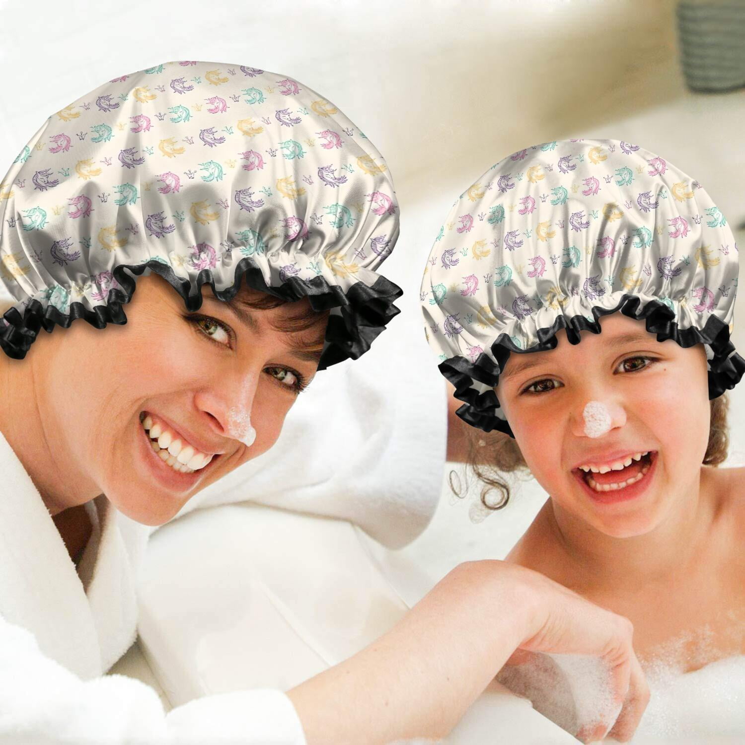 Shower Caps,Pastel Unicorn Pattern Waterproof Shower Cap for Women 4 Pieces,Double Reusable Hair Cover for Shower PEVA Elastic Stretch Hem